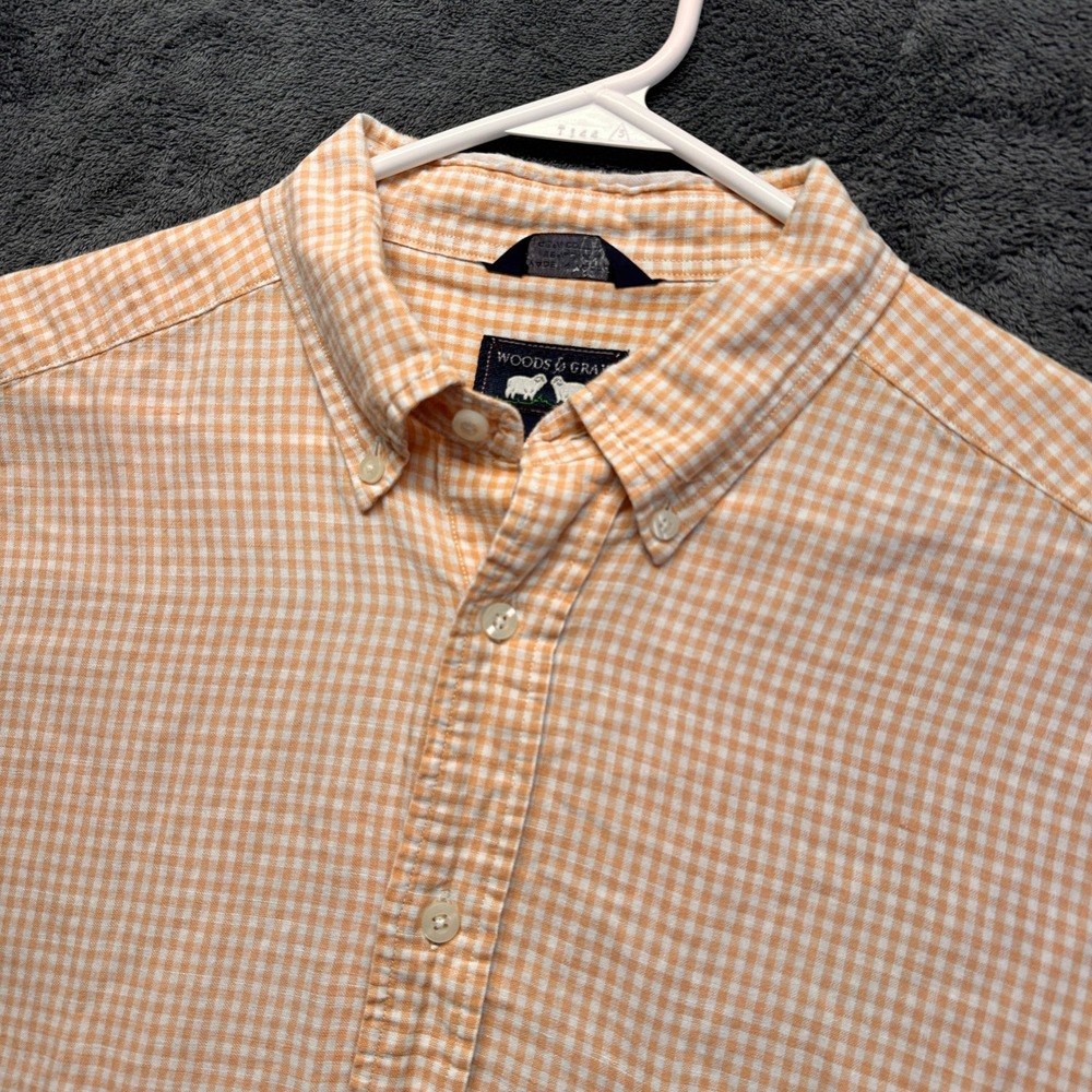 Woods & Gray Orange Gingham Check Linen Cotton Blend Button Down Shirt Men Large